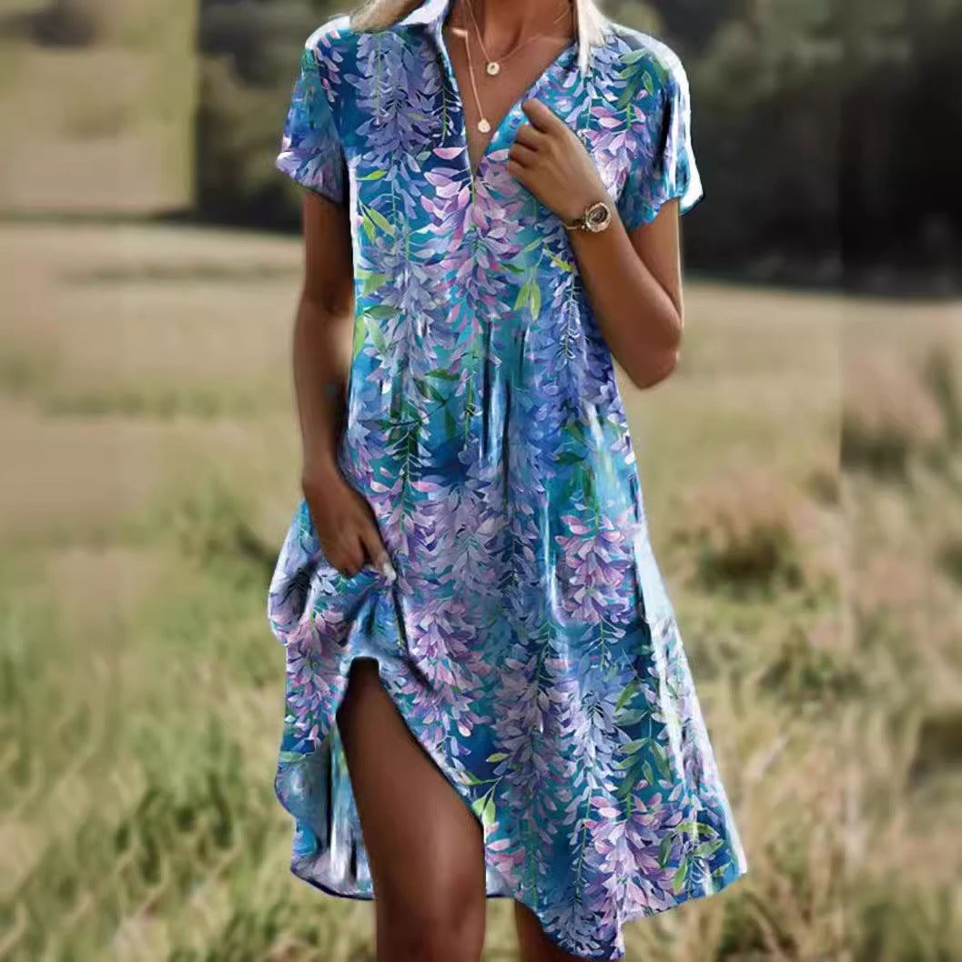 Summer Polka Dot Print Dress Fashion Casual V-Neck Short Sleeve