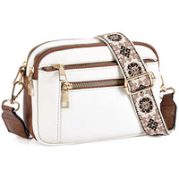 Triple-zipper Shoulder Bag With Floral Embroidered Straps Fashion Colorblock Multi-functional Crossbody Bags For Women