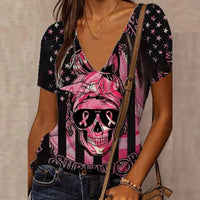 Women's 3D Floral Skull Print T-Shirt V Neck Short Sleeve Cool Street T-Shirt Oversized Clothes Casual Tops Summer 2024 - Chic Cart