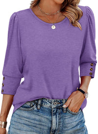 Women's Elegant 34 Sleeves Round Neck T-shirt With Buttons