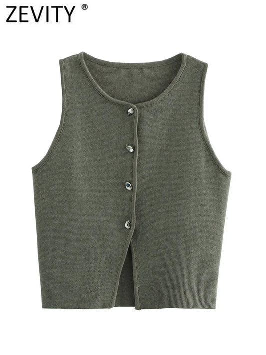 Zevity Women Fashion Sleeveless Buttons Hem Split Knitting Short Blouse Female Basic Slim Shirts Blusas Chic Crop Tops LS6236 - Chic Cart
