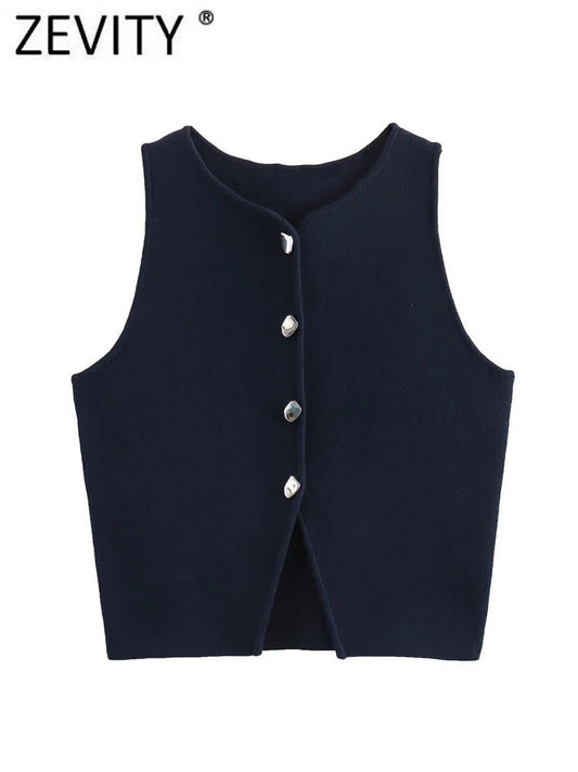 Zevity Women Fashion Sleeveless Buttons Hem Split Knitting Short Blouse Female Basic Slim Shirts Blusas Chic Crop Tops LS6236 - Chic Cart