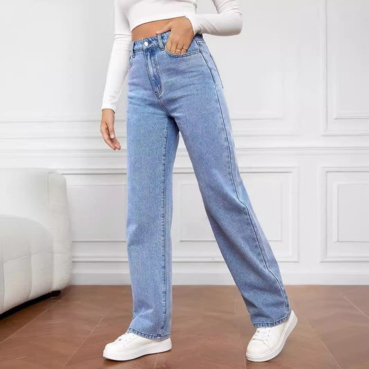 Stretch Washed Denim Fashion Straight Trousers Jeans Women's Pants