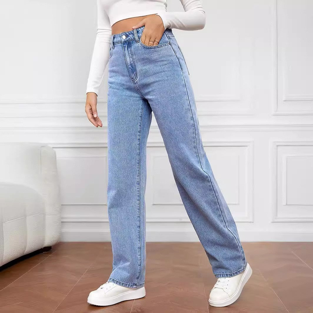 Stretch Washed Denim Fashion Straight Trousers Jeans Women's Pants