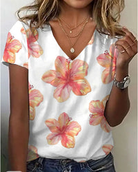 Printed Fashion New Floral V-neck Short-sleeved T-shirt