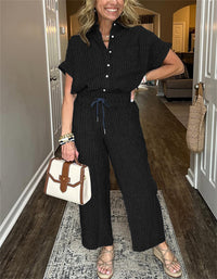 Women's Striped Suit Lapel Short Sleeve Straight  Trousers
