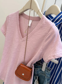 Solid Color Slim-fit V-neck Short-sleeved Top