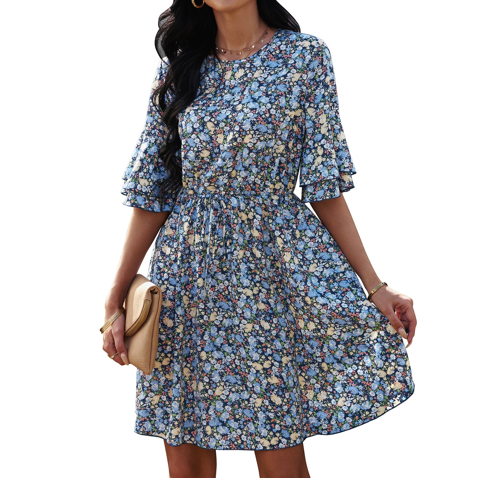 European And American Women's Half Sleeve Floral Chiffon Dress