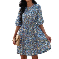 European And American Women's Half Sleeve Floral Chiffon Dress
