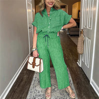 Women's Striped Suit Lapel Short Sleeve Straight  Trousers