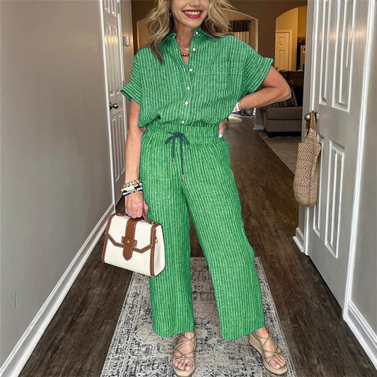 Women's Striped Suit Lapel Short Sleeve Straight  Trousers