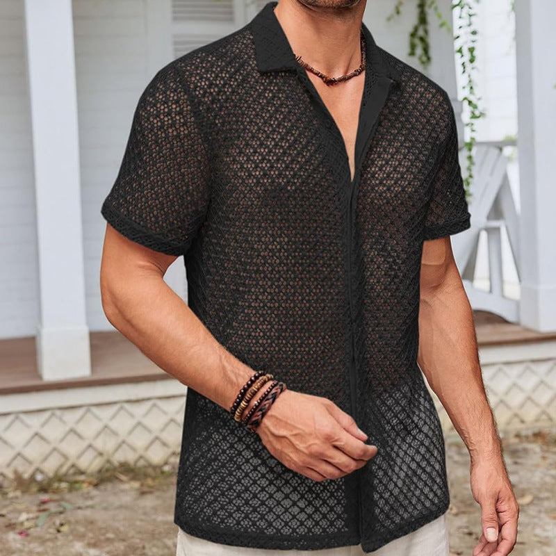 Mesh Short Sleeve Shirt Fashion Solid Color Lapel Shirt
