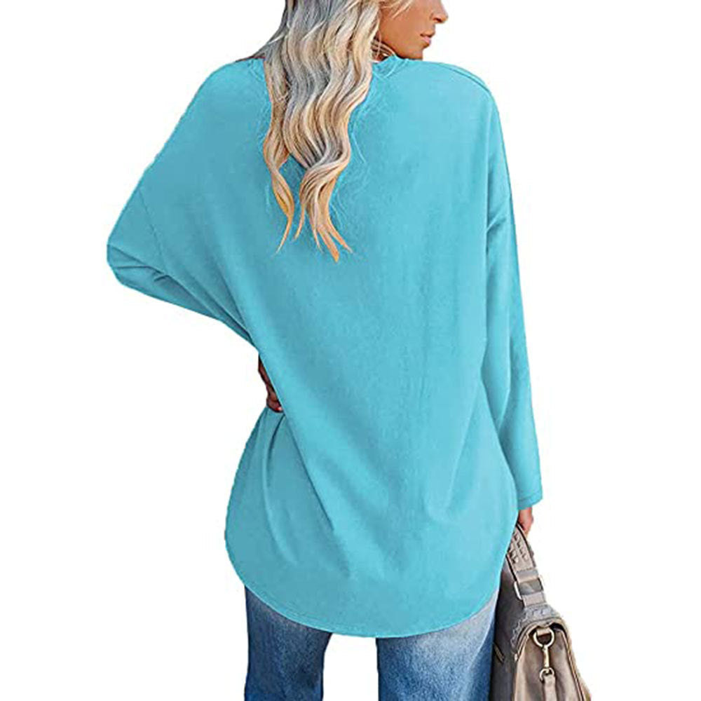 Solid Color Loose Drop Shoulder Sleeve V Neck Long Sleeve Blouse