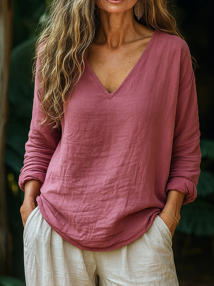Casual Loose Fashion Cotton And Linen Long-sleeved Top