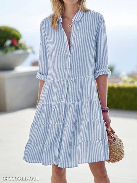 Striped Long-sleeved Shirt Dress Fashion Lapel Button Dresses