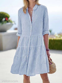 Striped Long-sleeved Shirt Dress Fashion Lapel Button Dresses