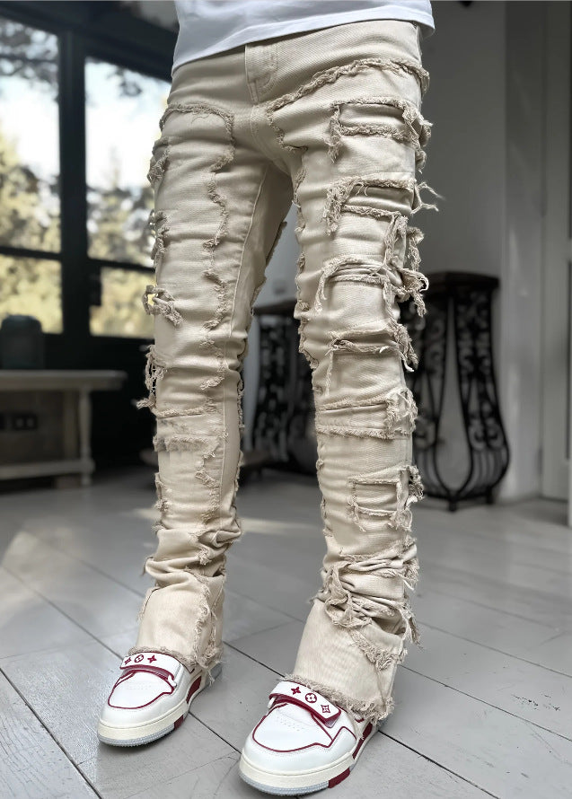 Men Trousers Individual Patched Pants Long Tight Fit Stacked Jeans
