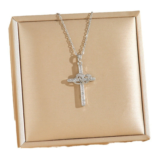 Cross Double Ring Love Heart Necklace Surrounded Zircon