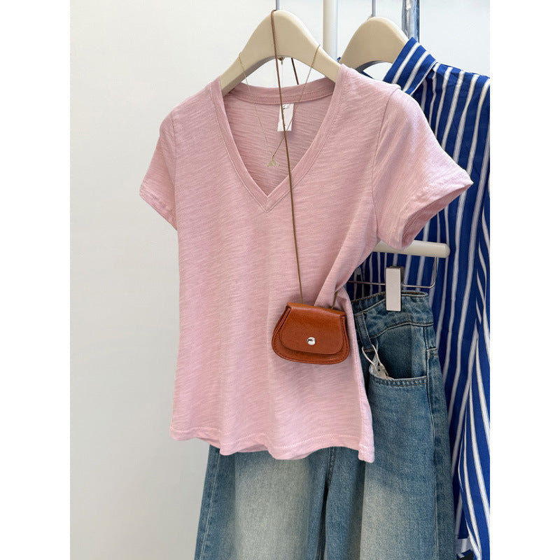 Solid Color Slim-fit V-neck Short-sleeved Top