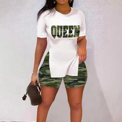 Best Selling Women's Clothes Fashion Trendy Split Short Sleeve Casual Shorts Two - piece Set - Chic Cart