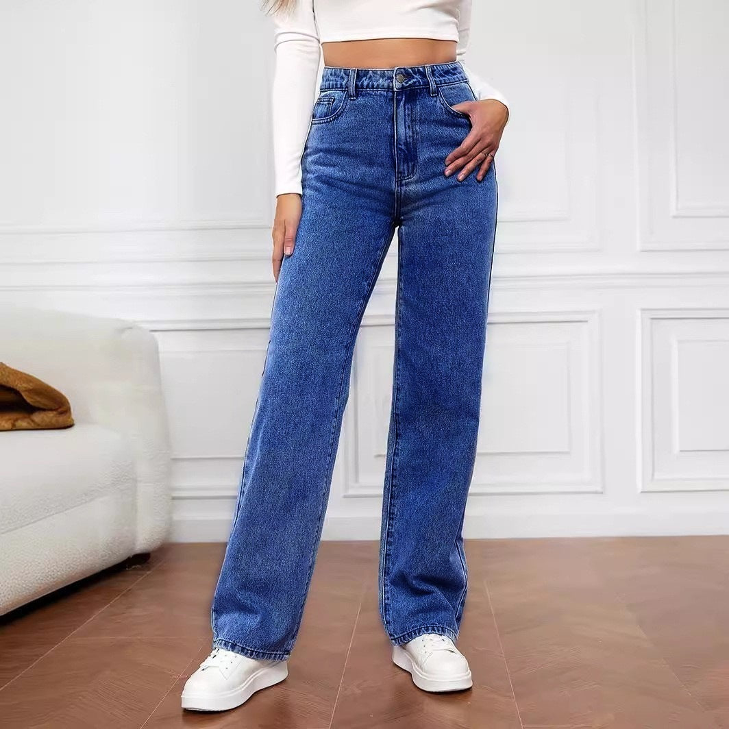 Stretch Washed Denim Fashion Straight Trousers Jeans Women's Pants