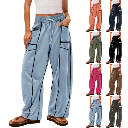 Black Striped Wide-leg Pants With Pockets Fashion Loose Drawstring Trousers