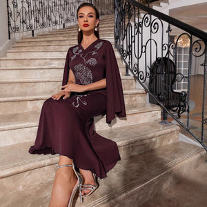 Embroidered Slim Bat Sleeve Sheath Dress