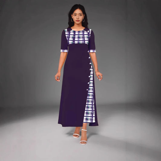 Round Neck Contrast Medium Sleeve Long Dress