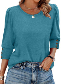 Women's Elegant 34 Sleeves Round Neck T-shirt With Buttons