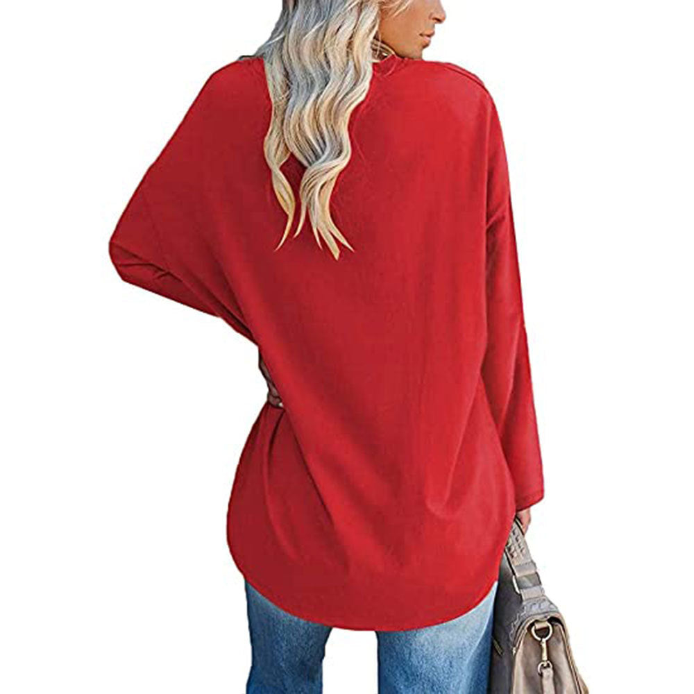 Solid Color Loose Drop Shoulder Sleeve V Neck Long Sleeve Blouse