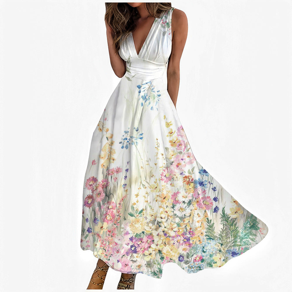 Digital Printing Women V-neck Sleeveless Maxi Dress AMI Cart