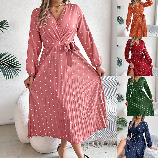 Spring Summer Elegant Long Dress Cross V-Neck Contrast