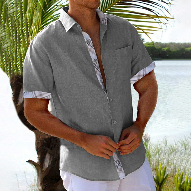 Vacation Short Sleeve Shirts With Plaid Side Summer  men