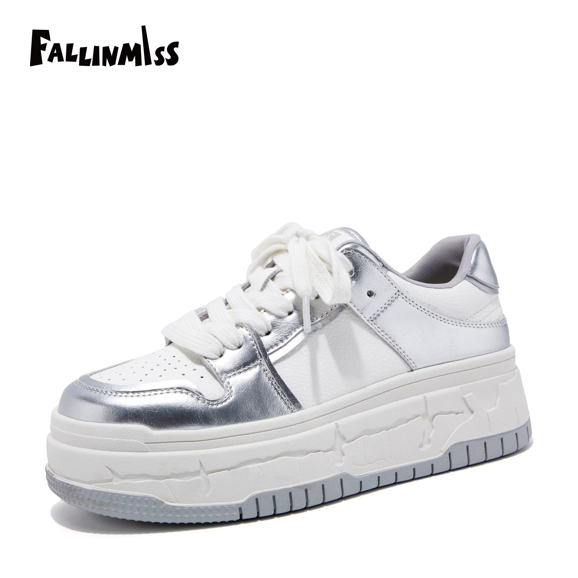 Fallinmiss Electric Sneakers Silver Thick Sole Board Shoes Women's 2024 Autumn Height Increasing Breathable New Arrival Shoes Women's Shoes Soft Bottom White Shoes - Chic Cart
