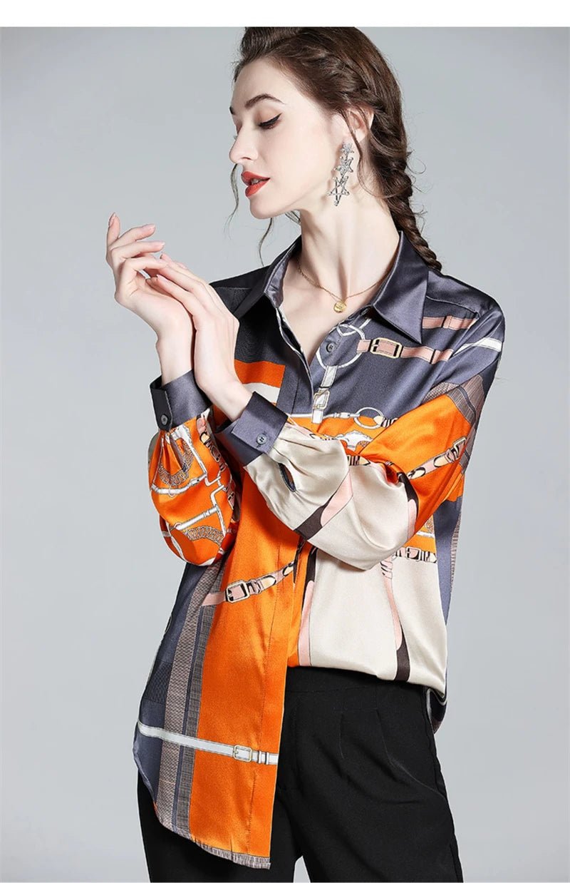S - 4XL Luxury Brand Design Women Shirts Spring Fall Long Sleeve Orange Print Female Shirt Elegant Fashion Lady Tops Satin Blouses - Chic Cart