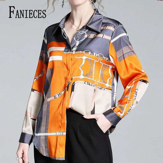 S - 4XL Luxury Brand Design Women Shirts Spring Fall Long Sleeve Orange Print Female Shirt Elegant Fashion Lady Tops Satin Blouses - Chic Cart