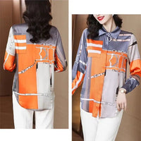 S - 4XL Luxury Brand Design Women Shirts Spring Fall Long Sleeve Orange Print Female Shirt Elegant Fashion Lady Tops Satin Blouses - Chic Cart