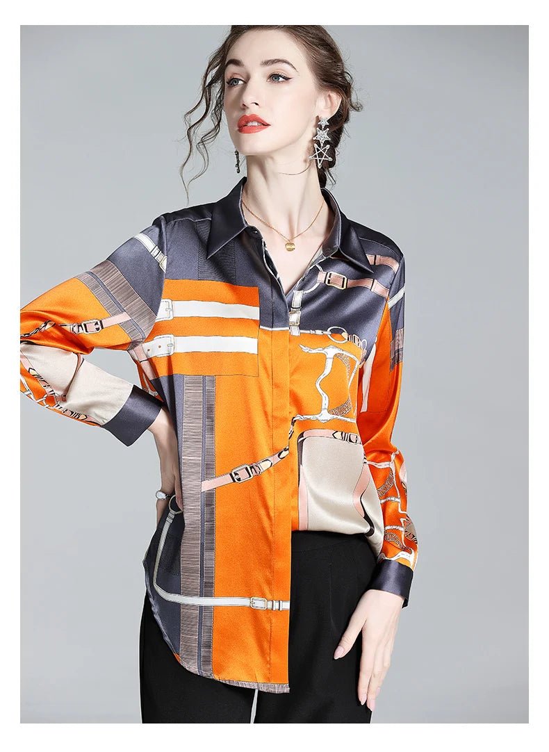 S - 4XL Luxury Brand Design Women Shirts Spring Fall Long Sleeve Orange Print Female Shirt Elegant Fashion Lady Tops Satin Blouses - Chic Cart