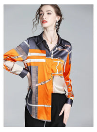 S - 4XL Luxury Brand Design Women Shirts Spring Fall Long Sleeve Orange Print Female Shirt Elegant Fashion Lady Tops Satin Blouses - Chic Cart