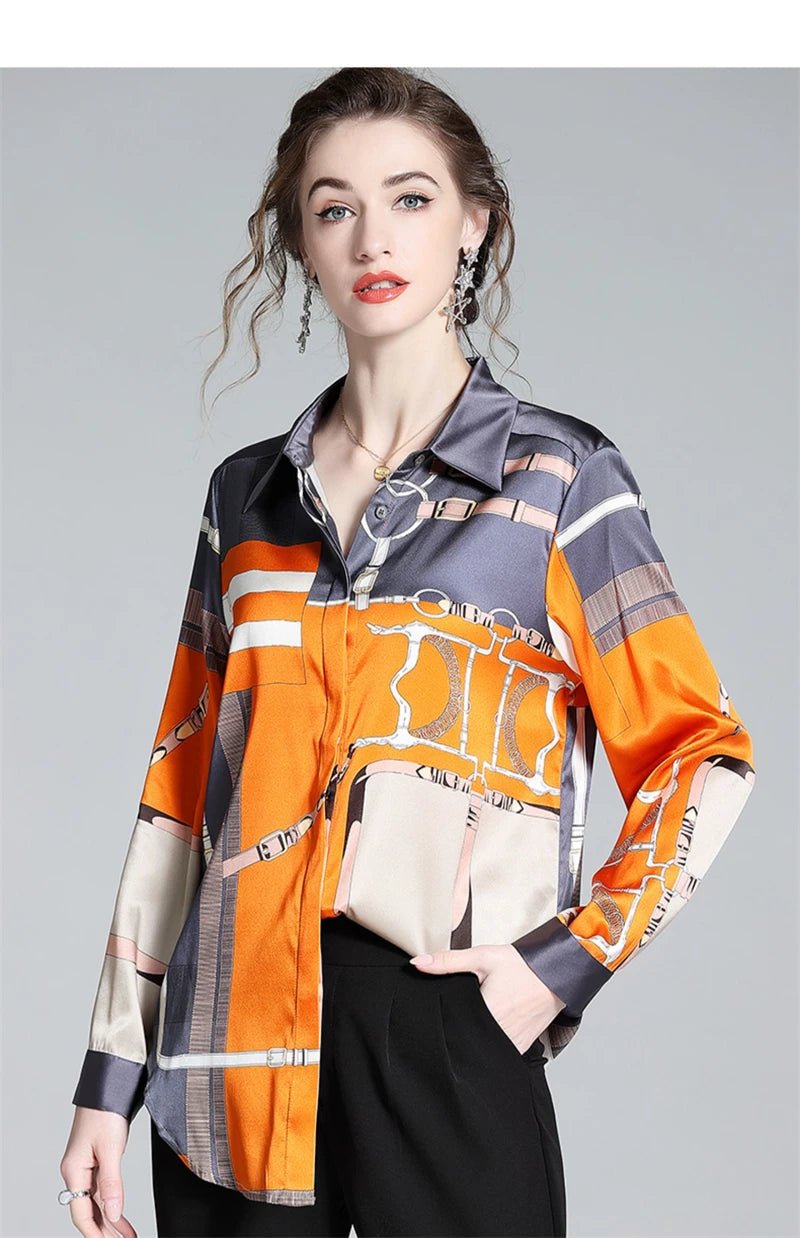 S - 4XL Luxury Brand Design Women Shirts Spring Fall Long Sleeve Orange Print Female Shirt Elegant Fashion Lady Tops Satin Blouses - Chic Cart