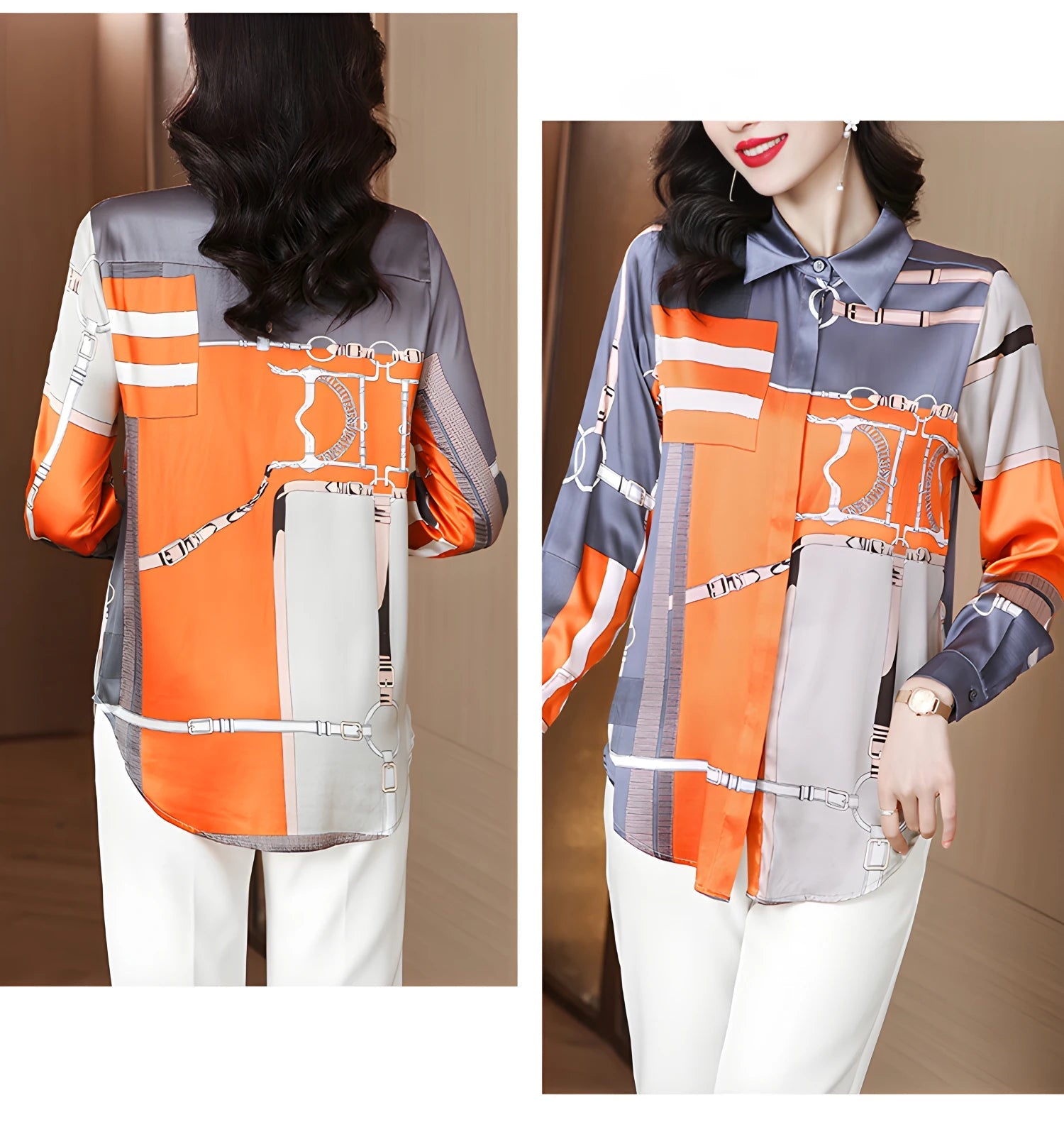 S - 4XL Luxury Brand Design Women Shirts Spring Fall Long Sleeve Orange Print Female Shirt Elegant Fashion Lady Tops Satin Blouses - Chic Cart