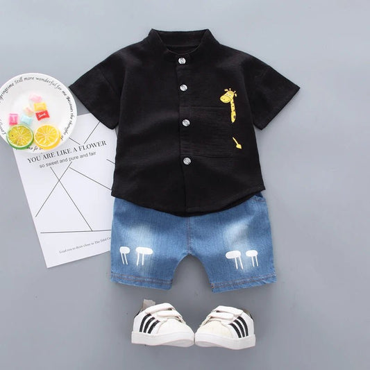 New Summer Hot Sale Toddler Kids Baby Boys Shirt Cartoon Tops Denim Shorts Pants Outfits Set Baby Clothes - Chic Cart