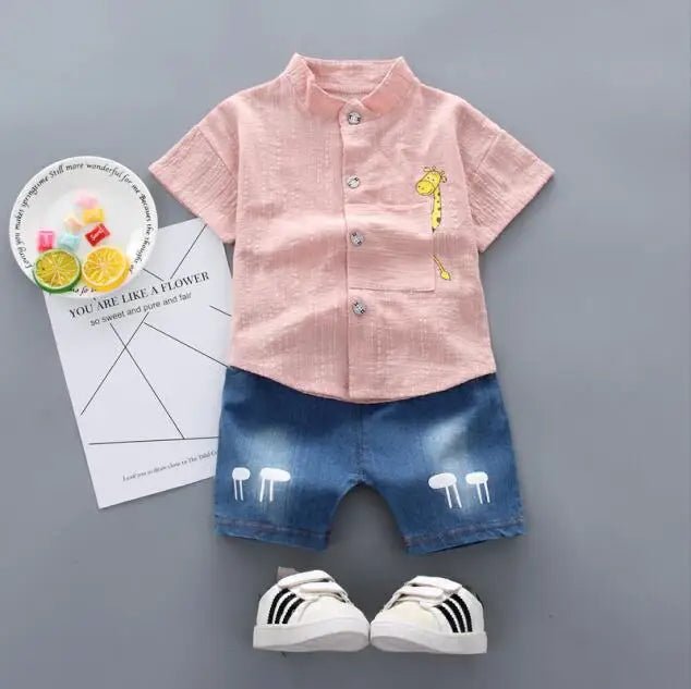 New Summer Hot Sale Toddler Kids Baby Boys Shirt Cartoon Tops Denim Shorts Pants Outfits Set Baby Clothes - Chic Cart