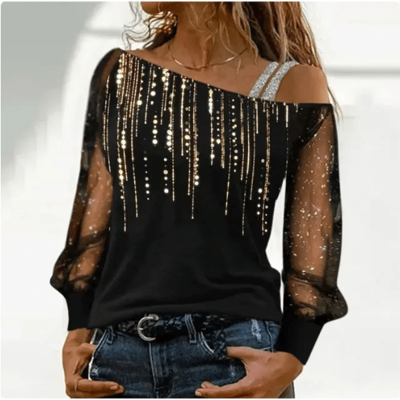 Silver Shoulder Strap Transparent Sleeves Sequins Blouse Women's Sexy T-shirt Christmas Tree Printed Long Sleeved Top - Chic Cart