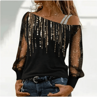 Silver Shoulder Strap Transparent Sleeves Sequins Blouse Women's Sexy T-shirt Christmas Tree Printed Long Sleeved Top - Chic Cart