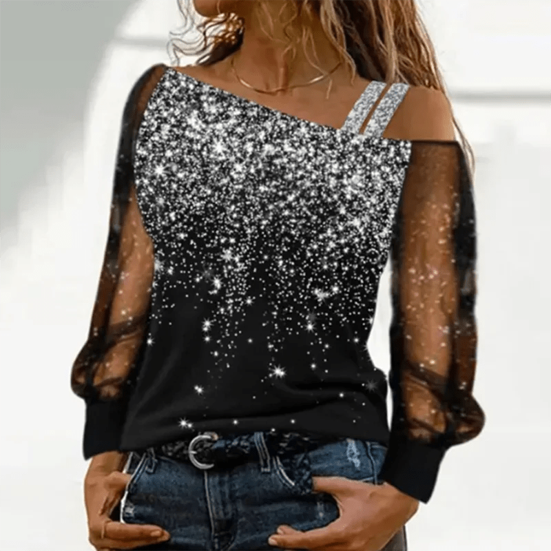 Silver Shoulder Strap Transparent Sleeves Sequins Blouse Women's Sexy T-shirt Christmas Tree Printed Long Sleeved Top - Chic Cart