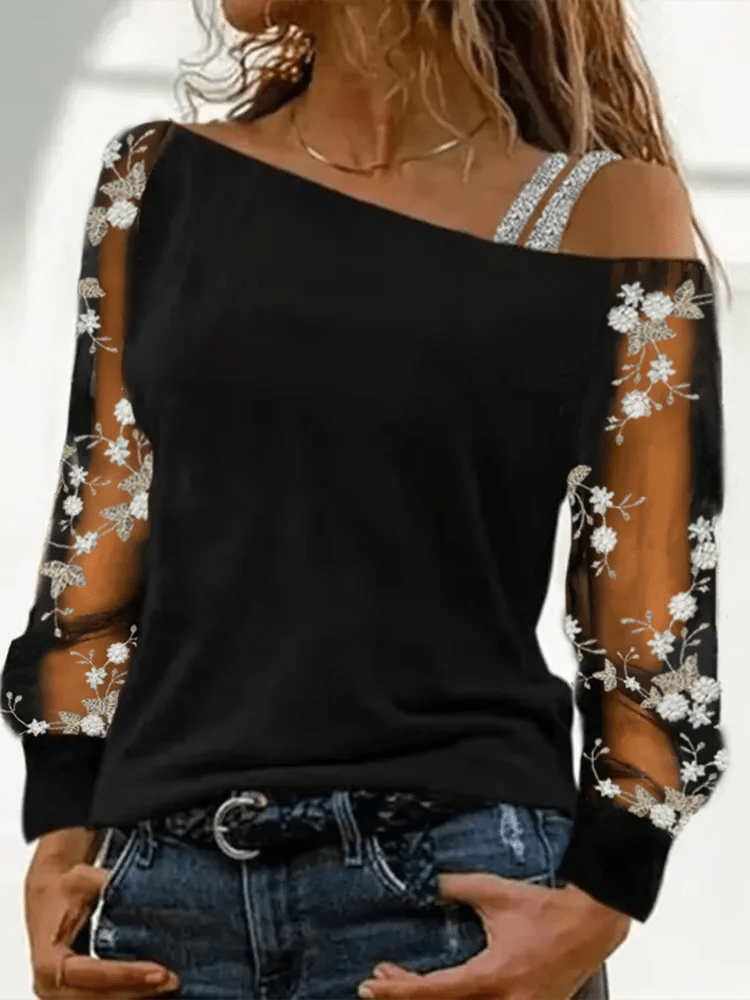 Silver Shoulder Strap Transparent Sleeves Sequins Blouse Women's Sexy T-shirt Christmas Tree Printed Long Sleeved Top - Chic Cart