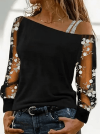 Silver Shoulder Strap Transparent Sleeves Sequins Blouse Women's Sexy T-shirt Christmas Tree Printed Long Sleeved Top - Chic Cart