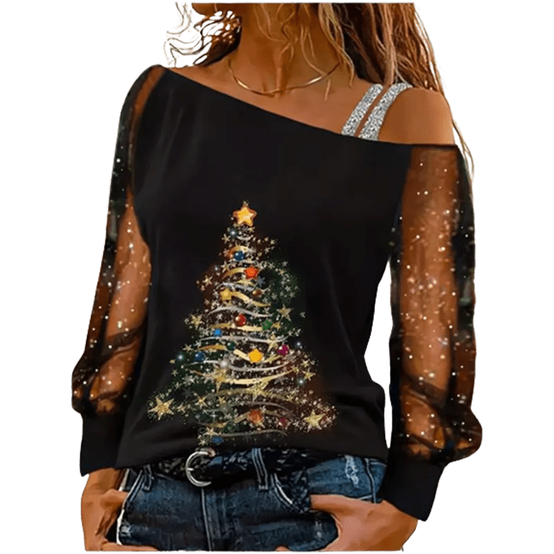 Silver Shoulder Strap Transparent Sleeves Sequins Blouse Women's Sexy T-shirt Christmas Tree Printed Long Sleeved Top - Chic Cart
