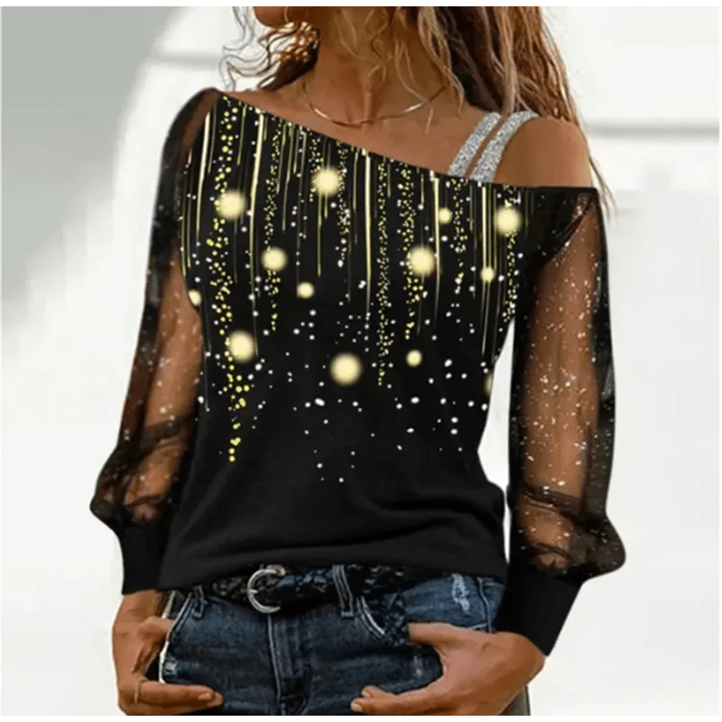 Silver Shoulder Strap Transparent Sleeves Sequins Blouse Women's Sexy T-shirt Christmas Tree Printed Long Sleeved Top - Chic Cart